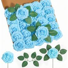 50 Pcs (25 Roses, 25 Leaves) Artificial Roses With Stems, Suitable For DIY Wedding Bouquets, Table Decorations, Parties, Home Decor, Also Suitable For Valentine's Day, Gifts, Birthdays, New Year, Graduations And Other Occasions (Box Not Included). - Blue - View 1