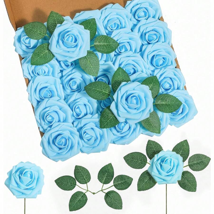 50 Pcs (25 Roses, 25 Leaves) Artificial Roses With Stems, Suitable For DIY Wedding Bouquets, Table Decorations, Parties, Home Decor, Also Suitable For Valentine's Day, Gifts, Birthdays, New Year, Graduations And Other Occasions (Box Not Included). - Blue - View 1