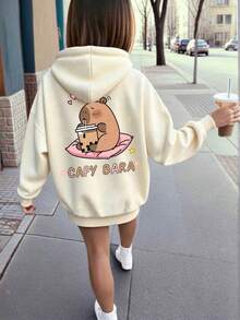 Girls' Cartoon Pattern Warm Hooded Sweatshirt - Apricot - View 5