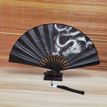 1PC Vintage Style Black Treated Double-Sided Fabric Folding Fan With Chinese Dragon Ink Painting Design - A - View 7