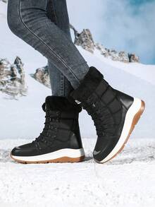 女款耐磨加厚保暖戶外雪地靴，舒適素色高筒登山靴 - 黑色 - 查看 6