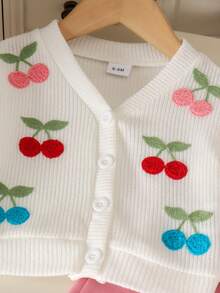 2pcs Set Baju Bayi Perempuan Manis dan Lucu Motif Dopamin dan Ceri dengan Bordir, Lengan Panjang, Cardigan Rajut & Celana Kasual, Musim Semi/Musim Gugur - Putih - View 4