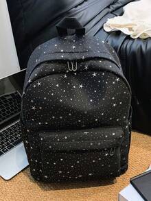 1 pieza Mochila de nailon de gran capacidad para estudiantes, mochila universitaria con diseño minimalista de estrella, mochila de nailon, mochila de viaje - Negro - Ver 8