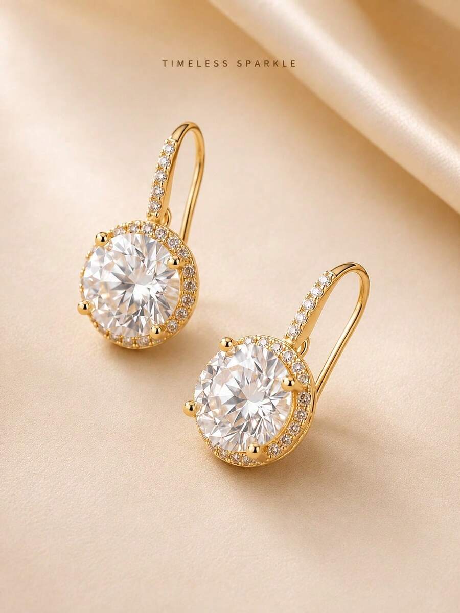CHICAT 1 Pair Luxury Sparkling Round Cut Large Cubic Zirconia Halo Pendant Earrings, Elegant Bridal Dangle Earrings, Suitable For Wedding, Banquet, Party