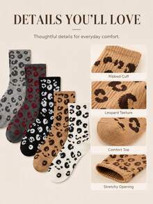 4 Pairs Women's Fashion Leopard Print Mid-Calf Socks, Breathable And Comfortable, Christmas Gift, Random Color, Suitable For Daily Wear And Outings, All Seasons - Multicolor - View 6