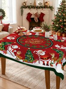 1pc Merry Christmas Santa Claus Snowman Round Tablecloth, Holiday Red Polyester Tablecloth, Printed With Reindeer, Christmas Tree, Holly And Gift Patterns, Reusable, Suitable For Kitchen, Holiday Party, Banquet And Home Decor - Multicolor - View 6