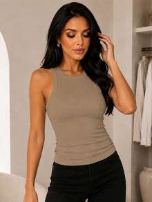 ChicMe Women's Ribbed Crew Neck Knit Camisole, Basic Fitted Casual Tank Top Summer - Khaki - View 7