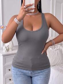 Plus Size Built In Bra Cami Ribbed Tank Top Scoop Neck Women Solid Color Everyday Basic Underwear Comfort Innerwear - Grey - View 6