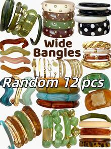 Random 16/12/8/5/4pcs Vintage Fashion Elegant Bohemian Style Daily Geometric Asymmetrical Brown Green Black Red Colorful Resin Acrylic Marbled Exaggerated Wide Wave Rivet Elastic Bangle Stackable Gold-Tone Plain Carved Hammered Texture Bracelet Set Y2K Minimalist Personalized Premium Jewelry For Women Daily Beach Casual Vacation Party Wear - Multicolor - View 7