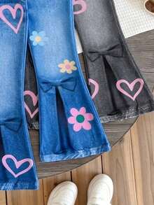 Celana Flare Kasual Harian Motif Hati dengan Kantong untuk Anak Perempuan Remaja - MultiWarna - View 4