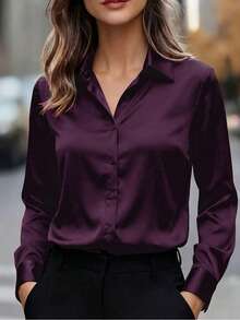 Plus Size Women Spring/Summer Long Sleeve Button-Up Shirt, Shirt Collar Design, Regular Length, Woven Fabric Top - Purple - View 3