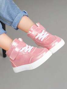High-Top Sneakers Cute Shiny Surface Hook And Loop Soft Sole Non-Slip Toddler Casual Sports Walking Shoes - Pink - View 2