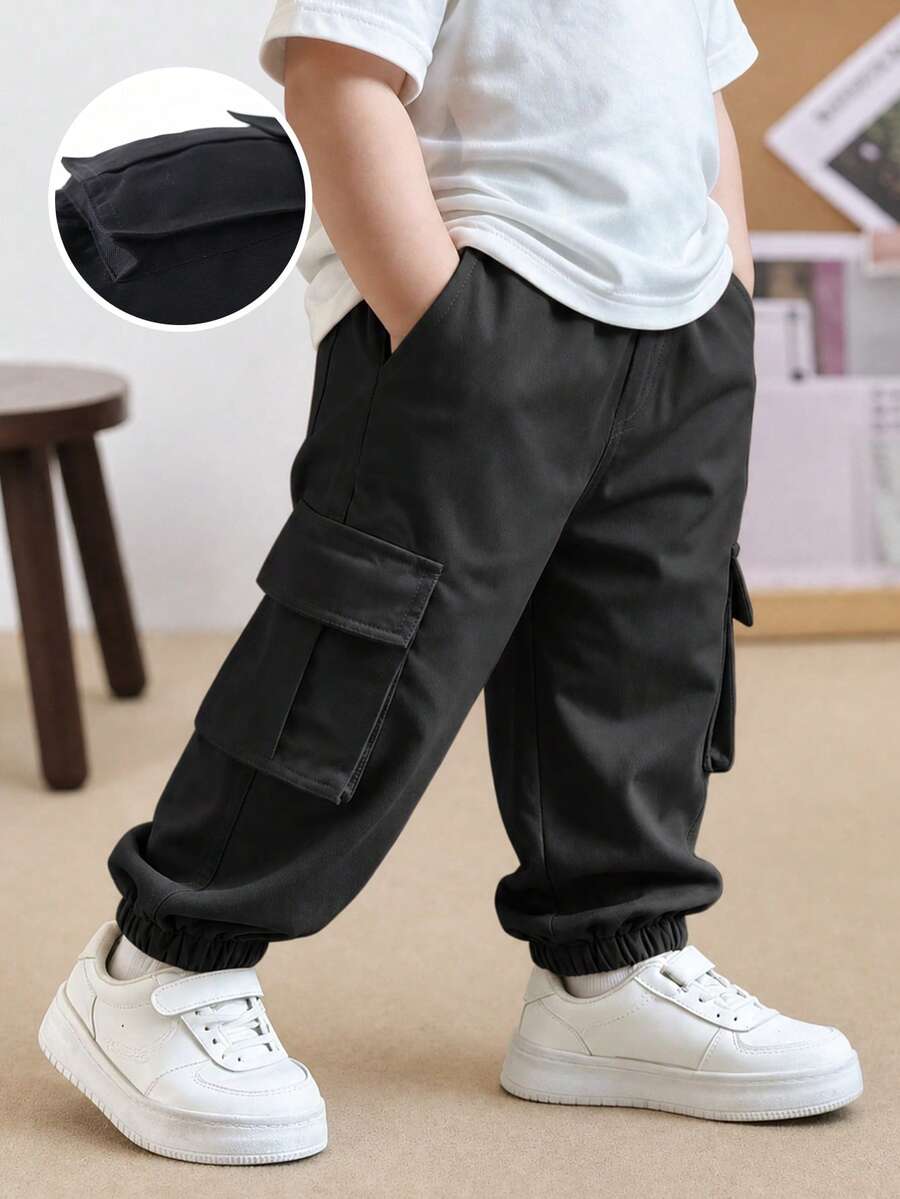 1pc Toddler Casual Solid Color Elastic Waist Pants, Suitable For Outdoor Wear In Spring And Autumn - Black - View 1