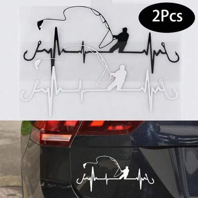 2Pcs New Car Stickers In Black And White 3D Heart-Shaped Fishing Car Stickers With Creative Ideas Suitable For Decorating Car And Motorcycle Toolboxes