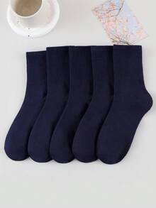 1/5 Pairs Men's Socks, Classic Navy Blue Vertical Striped All-Match Mid-Calf Socks, Unisex Business Commute Versatile Solid Color Socks - Multicolor - View 6