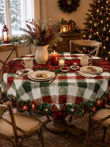 Christmas Plaid Tablecloth, Wavy Edge, Red & Green Buffalo Check Snowflake Print Polyester Tablecloth, Rustic Farmhouse Style Holiday Table Decor, Suitable For Christmas Party, Family Dinner, Winter Home Decoration - Multicolor - View 5