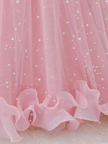 Girls' Dusty Pink Starry Glitter Tulle Long Dress With Off-Shoulder Ruffle, 3D Ruffle Puff Skirt, All-Over Star Print Mesh Princess Gown For Birthday, Dreamy Party, Photography, Piano Competition, Hosting, Performance, Evening Formal Dress - Coral Pink - View 8