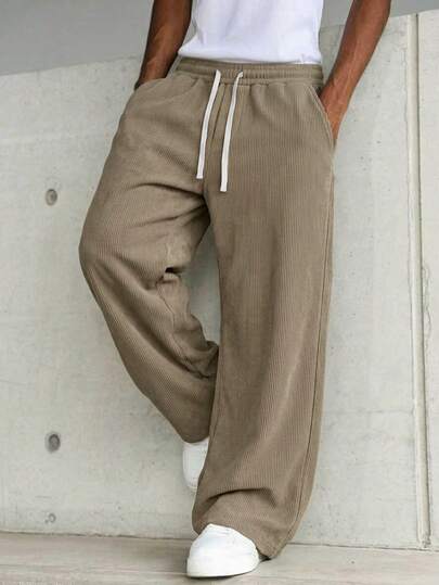 Men's Vertical Striped Corduroy Wide Leg Casual Pants, Elastic Drawstring Straight Leg Long Pants, Autumn Loose Drapey Floor-Length Trousers