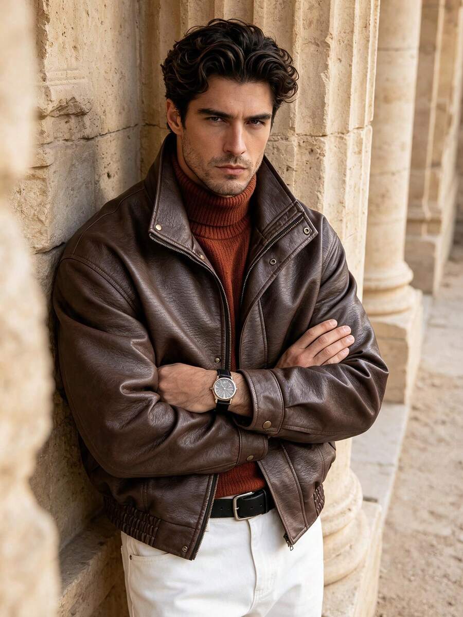 Men's Autumn/Winter Long Sleeve Fashion Leather Jacket, Suitable For Daily Commute, Vacation, Gift Giving - Coffee Brown - View 1