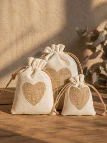 8pcs/15pcs Heart Burlap Drawstring Gift Bags, Small Linen Pouches With Heart Patch, Multi Color Reusable Fabric Treat Bags For Wedding Favor, Bridal Shower, Holiday Party Storage - Diverse - View 1