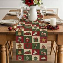 Merry Christmas Winter Xmas Tree Ball Bells Checkered Table Runner Holiday Party Decor Reusable Xmas Kitchen Dining Table Runner Christmas Decorations - Multicolor - View 4