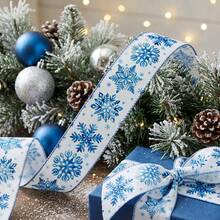 Winter Christmas Watercolor Blue Snowflake Decorative Ribbon 2 Rolls, 6.3cm/2.5inch Wide, Total Length 5.9m - For Christmas Wreaths, Bow Making, DIY Gift Wrapping - Blue Snowflake - View 4