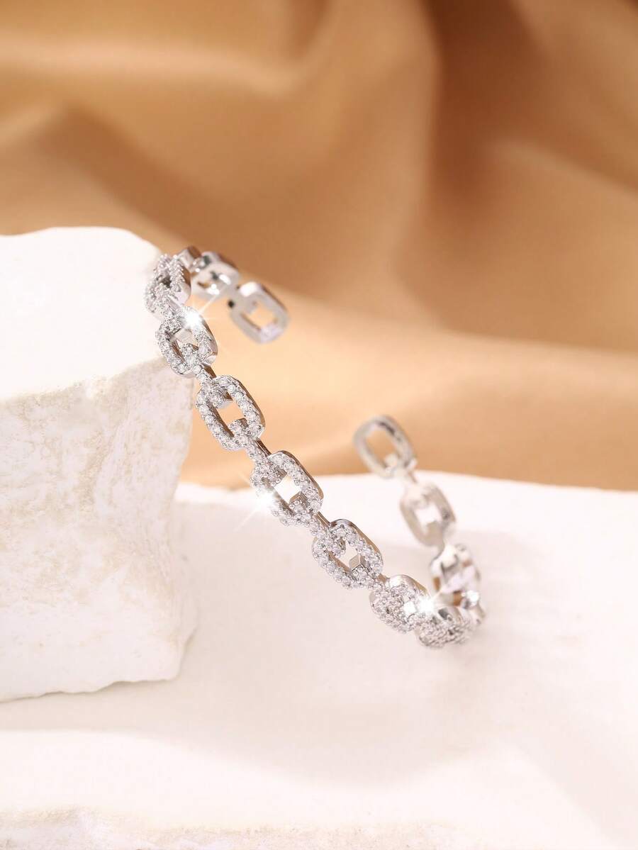 1pc Silver Double Heart Open Cuff Bracelet, Densely Inlaid Rhinestone Design, Women's Daily Date Party Accessory Gift - White - View 1
