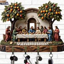 Suporte de Chaves Multifuncional de Madeira com Tema Religioso "A Última Ceia", Design Plano 2D, com 4 Ganchos de Metal, Decoração de Parede, Decoração de Entrada, Decoração de Quarto, Decoração de Villa, Decoração de Casa para Todas as Estações - Multicolorido - Visão 1
