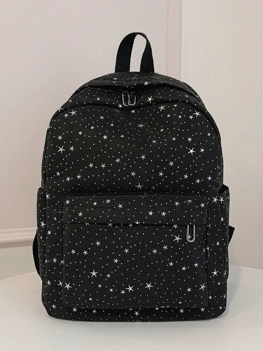 1 pieza Mochila de nailon de gran capacidad para estudiantes, mochila universitaria con diseño minimalista de estrella, mochila de nailon, mochila de viaje - Negro - Ver 1