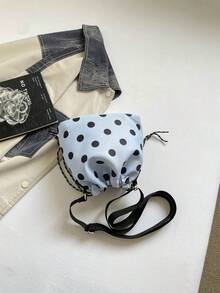1 pieza Bolso cubo de nailon de unicolor con cordón y patrón de lunares, bolso bandolera de moda para mujer - Celeste - Ver 6