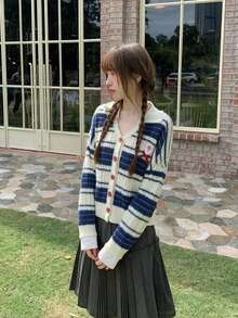 Striped Mink Fur Knit Cardigan Sweater Women Loose Slouchy Fuzzy Outerwear - Navy Blue - View 2