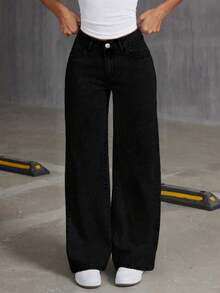 Tween Girls' Loose Fit Casual Comfortable Solid Color Straight Leg Wide Leg Jeans - Black - View 3