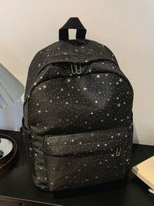 1 pieza Mochila de nailon de gran capacidad para estudiantes, mochila universitaria con diseño minimalista de estrella, mochila de nailon, mochila de viaje - Negro - Ver 9