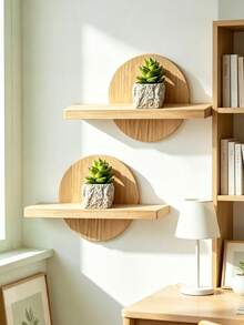 Wooden Wall-Mounted Floating Shelf, Round Backboard Wall Storage Rack, Minimalist Solid Wood Bedroom Study Display Shelf, Succulent Photo Frame Decorative Wall Shelf - Multicolor - View 4