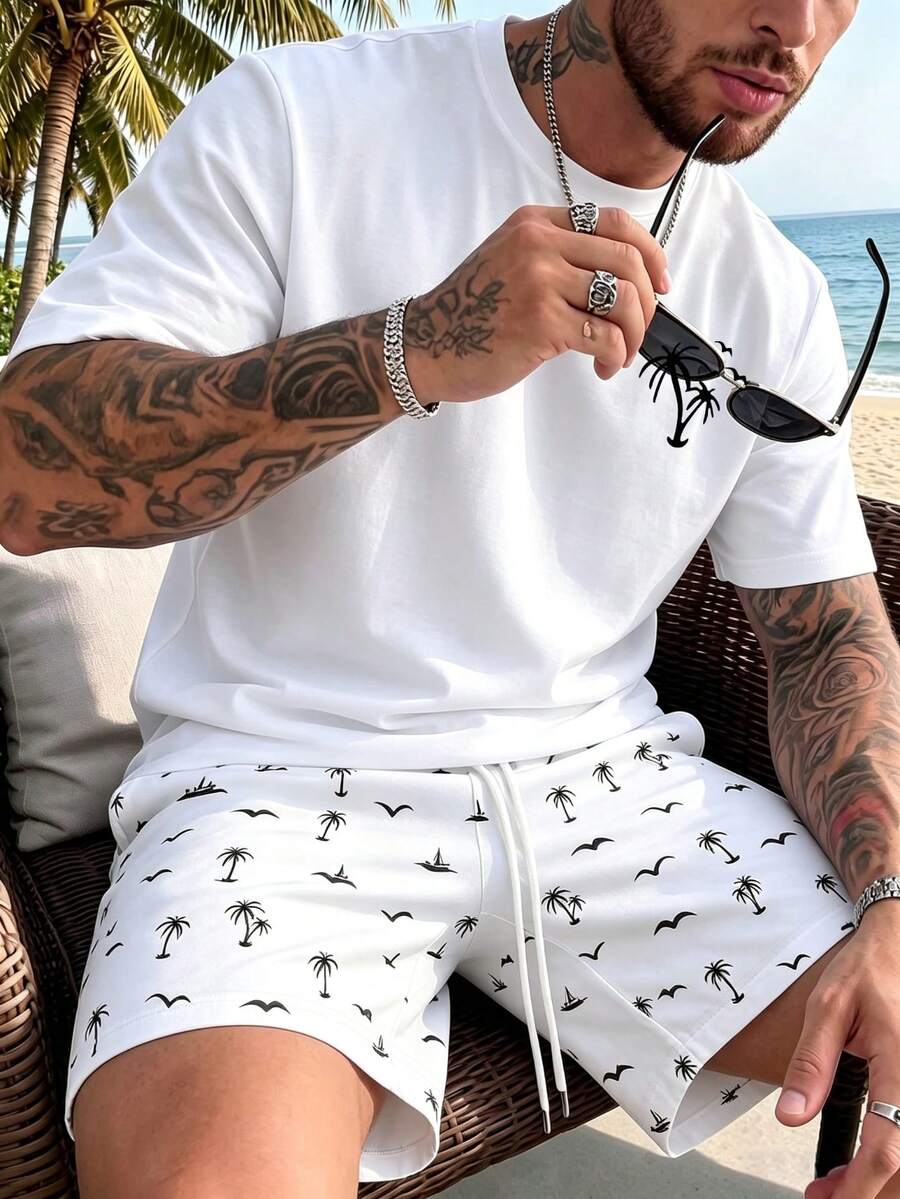 Men's Summer Round Neck Casual T-Shirt And Shorts Set - White - View 1