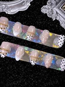 10-Piece Handmade Summer Nail Stickers, Short Almond Shape Design, Nude Pink Base With Black And White Polka Dot French Tips, Accented With Pearls And Gold Metallic Details, Retro-Chic Style, Versatile And Elegant, Comes With A Nail Art Tool Set - Black and White - View 3
