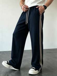 Men's Knitted Long Pants With Contrast Color Design, Casual Sports Straight Leg Pants For Daily Wear And Commuting - Navy Blue - View 3