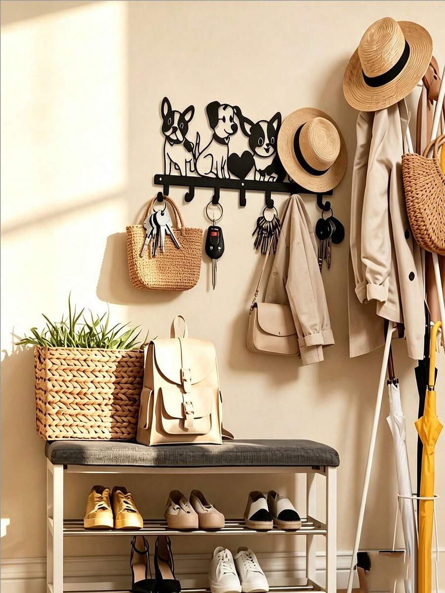 7-Hook Cute Puppy Paw Print Wall-Mounted Hook Rack - Metal Puppy Theme Entryway Storage Rack With Adorable Puppy Hooks, Space-Saving Wall-Mounted Key Hook For Hanging Keys, Car Remotes And Small Items - Metal Wall Hook Rack - Decorative Key Ring Holder For Dog Lovers, Perfect For Towels, Coats, Hats And Keys - Easy To Install, No Power Needed, Iron Material, Square Wall-Mounted Rack, Dog Accessories, Thoughtful Gift For Pet Lovers