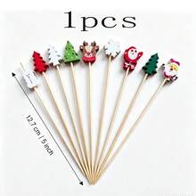 1/10/20/30/50/80/100/200/400pcs Christmas Theme Wooden Decorative Bamboo Skewers, Multiple Cartoon Designs Including Santa Claus, Reindeer, Christmas Tree, Snowflake, Snowman, Suitable For Christmas Party Holiday Gatherings, Can Decorate Fruit Platters, Cakes, Desserts, Create Festive Atmosphere, Home Party Tabletop Decoration Accessories - Multicolor - View 13