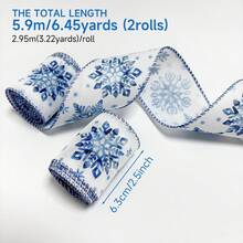 Winter Christmas Watercolor Blue Snowflake Decorative Ribbon 2 Rolls, 6.3cm/2.5inch Wide, Total Length 5.9m - For Christmas Wreaths, Bow Making, DIY Gift Wrapping - Blue Snowflake - View 2