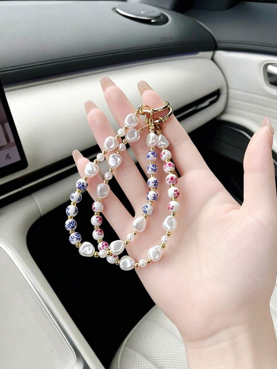 1個新款不對稱仿珍珠鑰匙圈吊飾創意汽車鑰匙環掛飾包包吊飾小禮物 - A - 查看 1