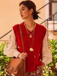 Plus Size Women Wine Red V Neck Sleeveless Knit Vest Side Metal Button Loose Fit Pullover Sweater Vest Autumn Winter Fashion Fall - Red - View 4