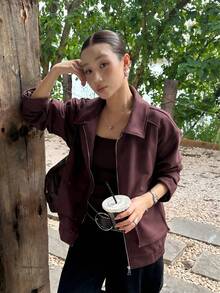 Women's Autumn Jacket, Vintage Suede Material, Vacation & Commute, Loose Collegiate Style, Casual Short Motorcycle Jacket - Burgundy - View 3