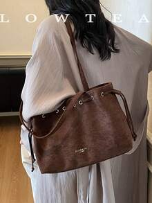 low tea 1pc Minimalist Fashion Suede Fabric Shoulder Small Tote Bag, Suitable For Commuting, Shopping, Etc. - Coffee - View 13