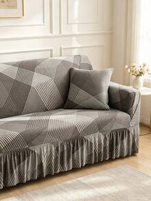 1pc Printed Hem Full Coverage Elastic Sofa Cover, Geometric Pattern, Dust-Proof & Stain-Resistant, Stretchable One-Piece Full Coverage Sofa Protector, Living Room Home Decor, Machine Washable & Hand Washable - Grey - View 6