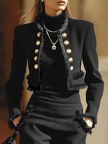 Daily Commute Solid Color Round Neck Long Sleeve Short Jacket, Versatile Outerwear Suitable For Office And Casual Wear, Black - Black - View 3