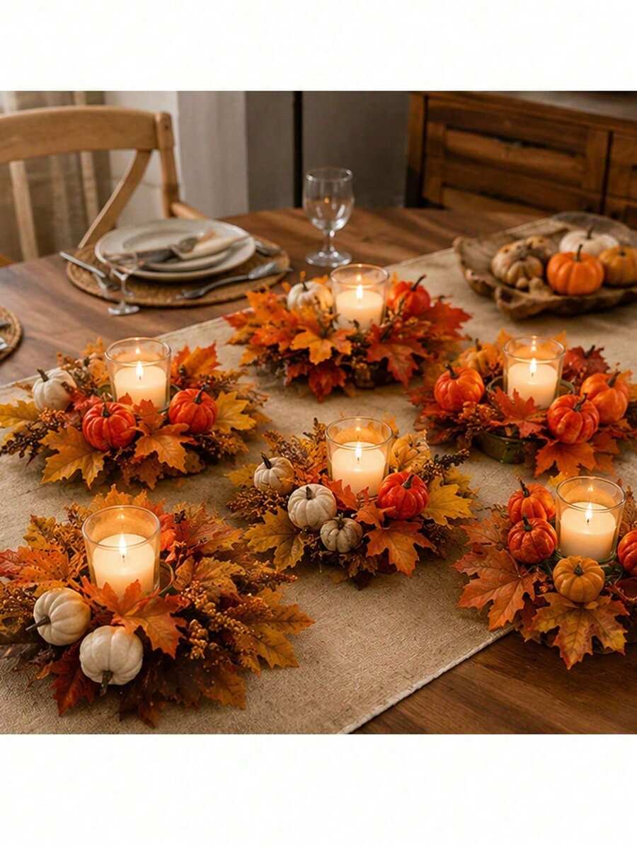 1pc Fall Candle Ring Wreath, Autumn Pumpkin Maple Leaf Table Centerpiece, Farmhouse Rustic Candle Holder Garland, Thanksgiving Dining Table Coffee Table Kitchen Cabinet Decoration, Seasonal Home Decor Gift - Multiple Styles - View 1