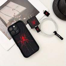 Set 5pcs Casing Ponsel Bambu Hitam Merah Motif Laba-laba + Penutup Kepala Charger + Pelindung Kabel + Tali Penyimpanan TPU Anti-Jatuh, Casing Ponsel Apple, Kompatibel dengan Apple 17 16e 16 15 14 13 12 11 Mini Pro Max Air X XR XSMAX 8 7 Plus, Casing Belakang Matte Anti-Jatuh, Casing Pelindung Smartphone, Casing untuk Penggunaan Sehari-hari, Aksesori Ponsel Modis, Desain Kreatif, Desain Cetak UV, Casing Pelindung Modis, Pecinta Mode, Pecinta Musik, Sempurna sebagai Hadiah Ulang Tahun - MultiWarna - View 3