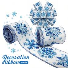 Winter Christmas Watercolor Blue Snowflake Decorative Ribbon 2 Rolls, 6.3cm/2.5inch Wide, Total Length 5.9m - For Christmas Wreaths, Bow Making, DIY Gift Wrapping - Blue Snowflake - View 1