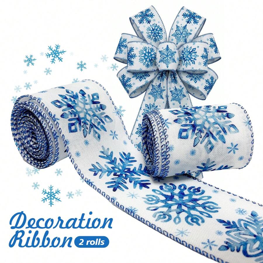 Winter Christmas Watercolor Blue Snowflake Decorative Ribbon 2 Rolls, 6.3cm/2.5inch Wide, Total Length 5.9m - For Christmas Wreaths, Bow Making, DIY Gift Wrapping - Blue Snowflake - View 1